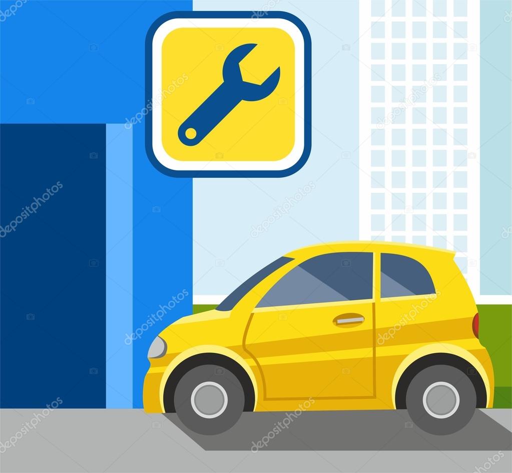 Repair of car, yellow car, color illustration.