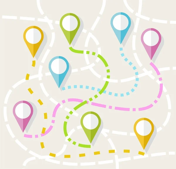 Carte, itinéraire, direction, chemin, navigation, couleur, plat . — Image vectorielle