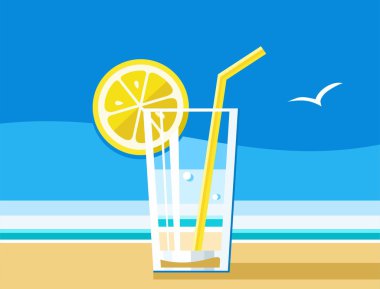 Limon, serinletici bir içki, deniz, yaz, renkli çizimler ile su.