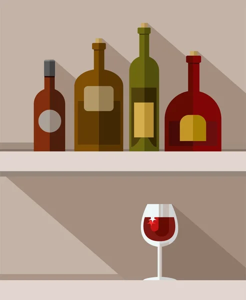 Alcoholic beverages bottles, red wine glass, coloured illustrations. — Stock Vector