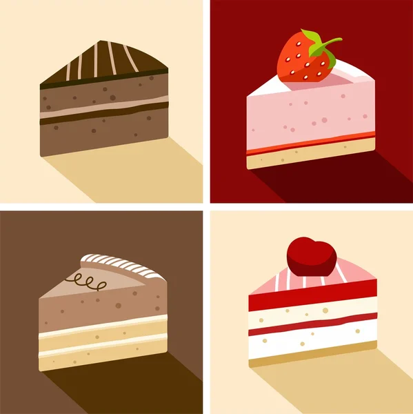 Kuchen, Dessert, Schokolade, Erdbeere, Kirsche, Stück, Farbe, flach. — Stockvektor