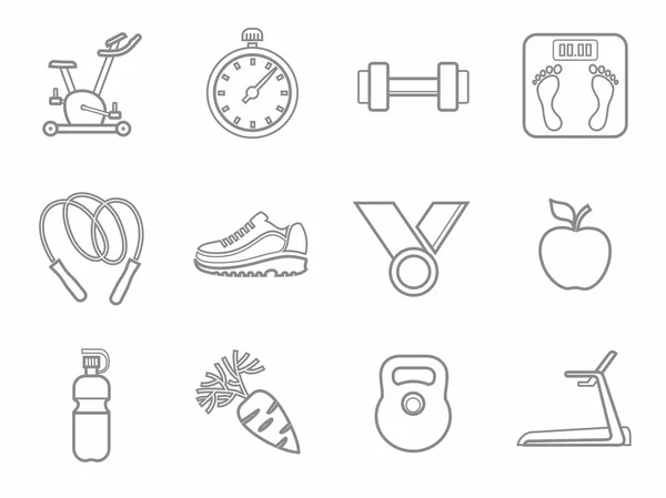 Iconos, fitness, deportes, gimnasio, alimentación saludable, contorno, línea, monocromo . — Vector de stock