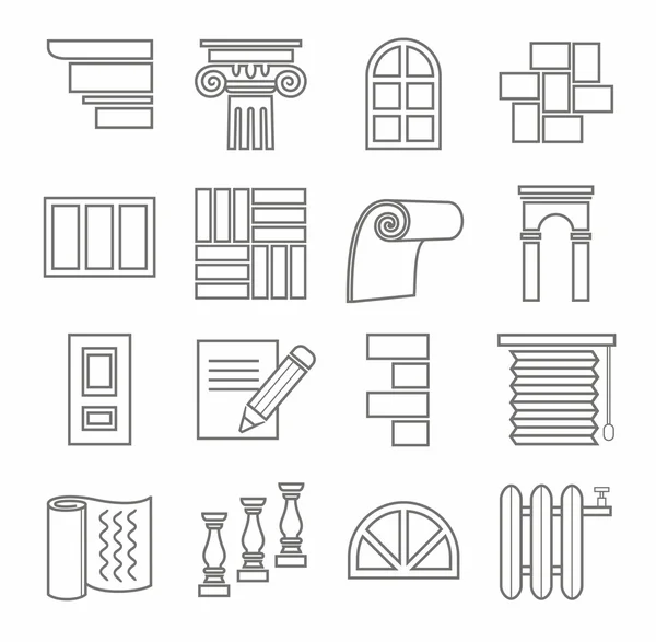 Pictogrammen, reparaties, bouw, bouwen materialen, lijn, overzicht, zwart-wit. — Stockvector