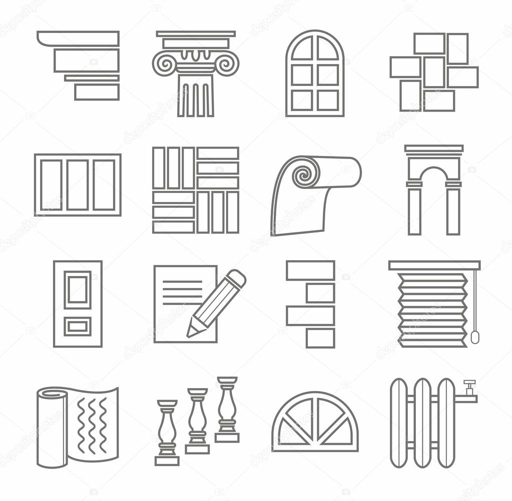 Icons, repairs, construction, building materials, line, outline, monochrome.