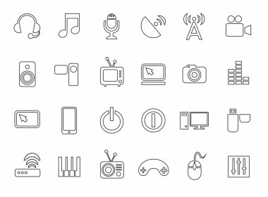 Simgeler, medya, bilgisayar, video, müzik, iletişim, telefon, kontur, tek renkli.