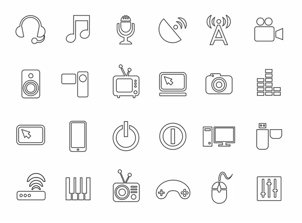 Icons, media, computer, video, music, communications, telephone, contour, monochrome. — Stock Vector