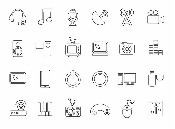 Icons, media, computer, video, music, communications, telephone, contour, monochrome.