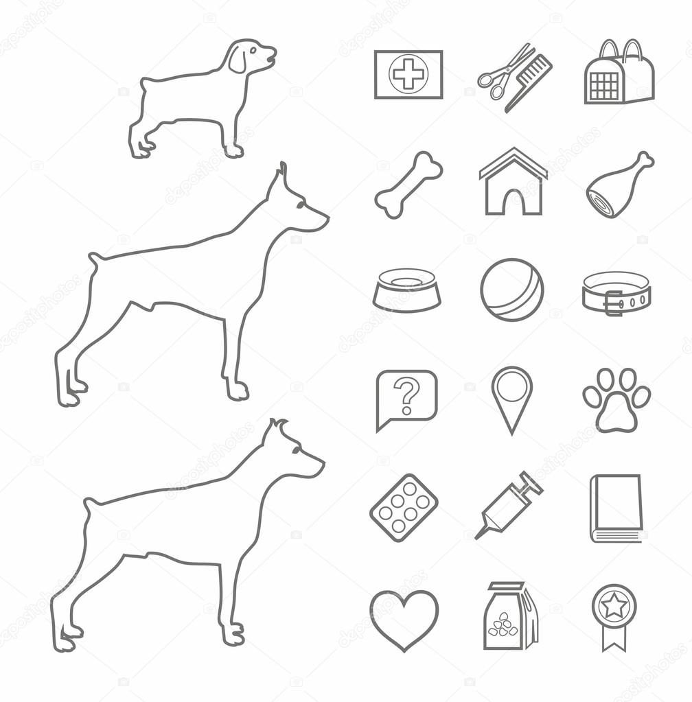 Icons, zoo, pet supplies, contour, black, dogs, age, white background.