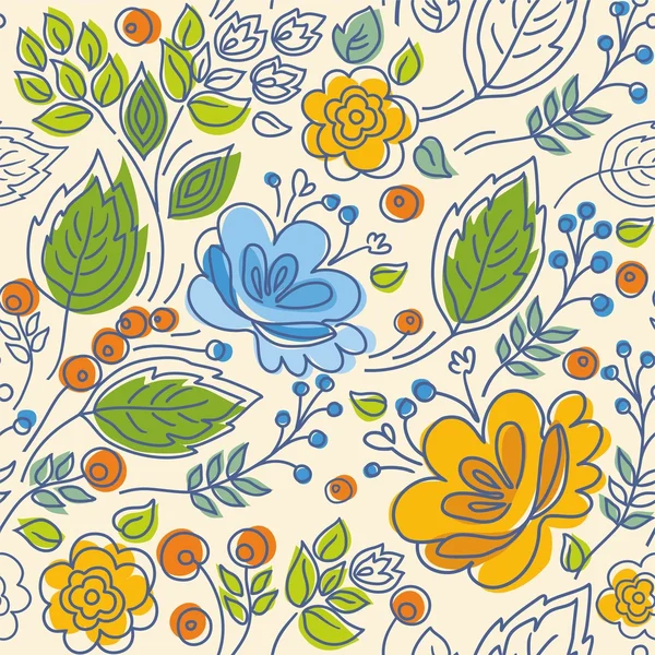 Seamless mönster, kontur, gula, blå blommor, gröna blad, ljus bakgrund. — Stock vektor