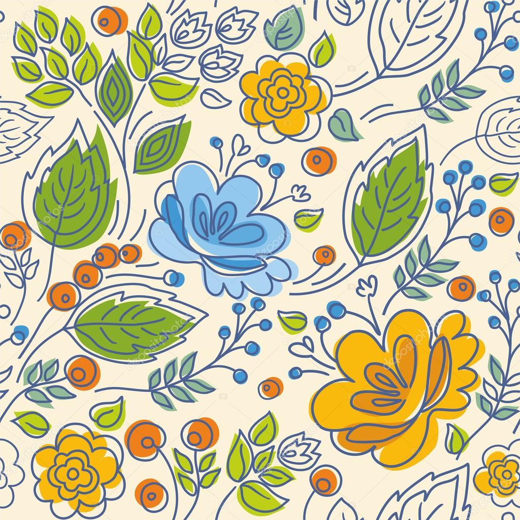 Seamless pattern, contour, yellow, blue flowers, green leaves, light background.