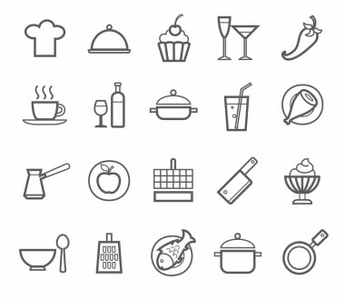 Signs, icons, kitchen, restaurant, cafe, food, drinks, utensils, contour drawing. clipart