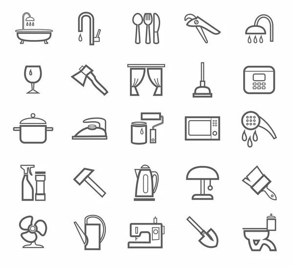 İşaretler, ev eşyaları, ev aletleri, yemekler, araçlar, gri anahat, beyaz arka plan.