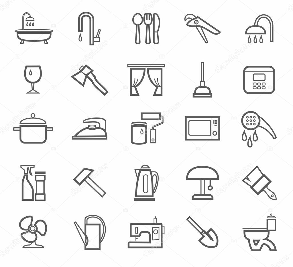 Signs, household goods, appliances, dishes, tools, grey outline, white background.