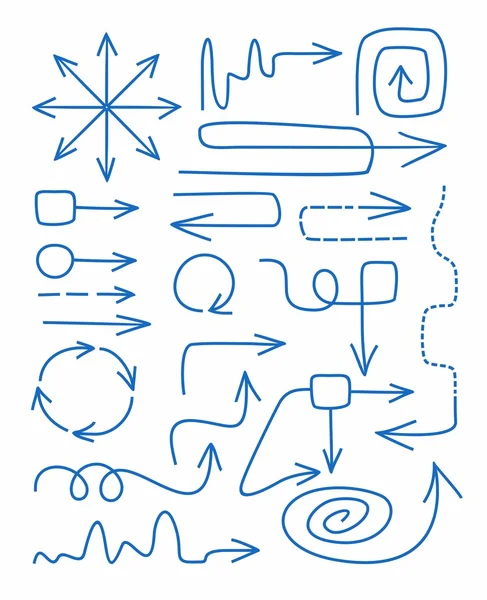 Стрілки, сині, намальовані вручну, тонкі, прямі, обертання, спіральні, кругові, інфографічні . — стоковий вектор