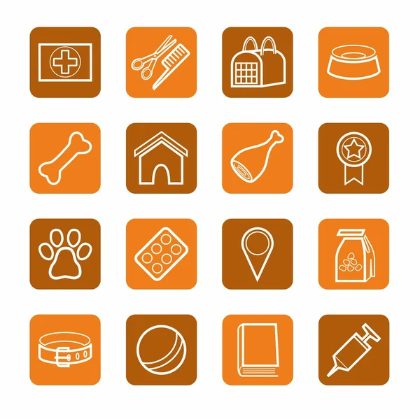 İşaretler, Evcil hayvan ürünleri, evde beslenen hayvan levazım, beyaz, kontur, kahverengi, turuncu arka plan.