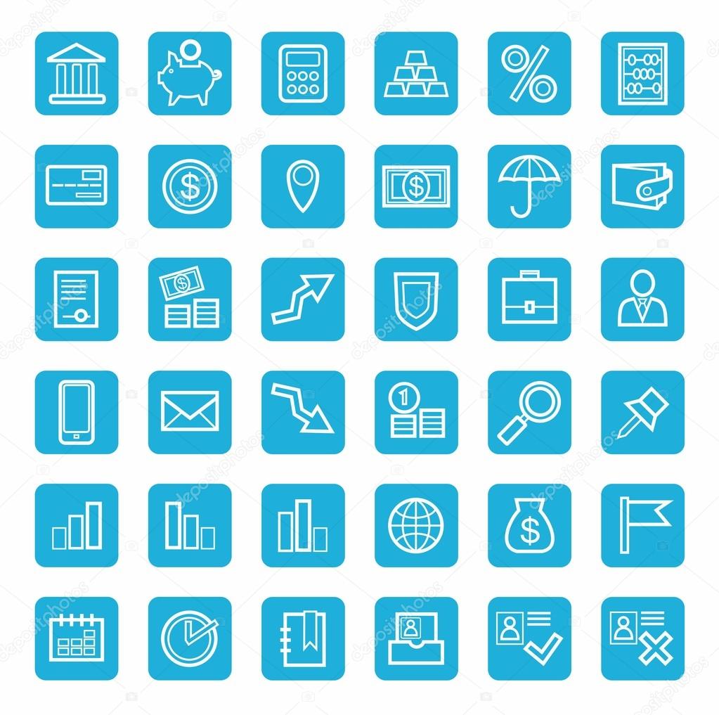 Icons, banking, Finance, currency, money, service, white outline, blue background.