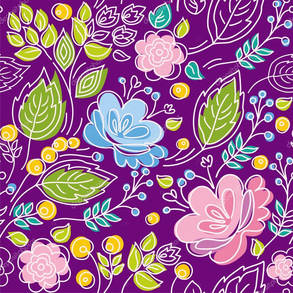 Patrón violeta sin costuras, flores azules, rosas, hojas verdes, contorno  blanco . Vector de stock #82252422 de ©elenavdovina, image size:1024x1024