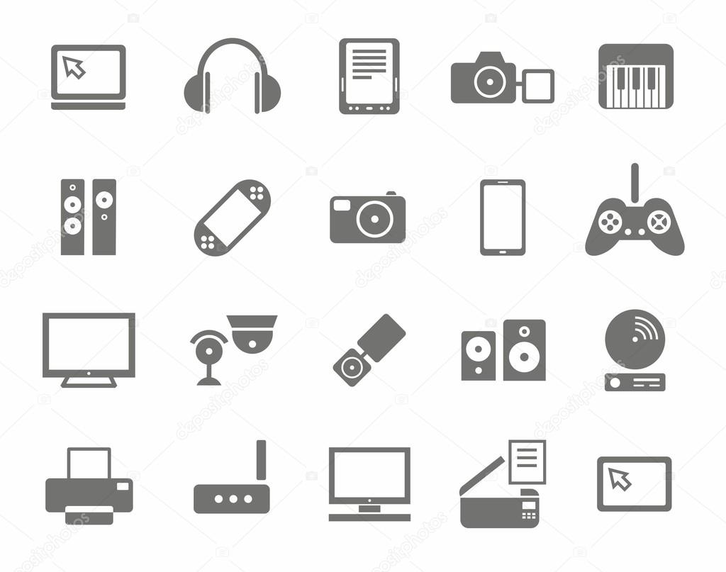 Icons, photo & video equipment, audio equipment, monochrome, white background.