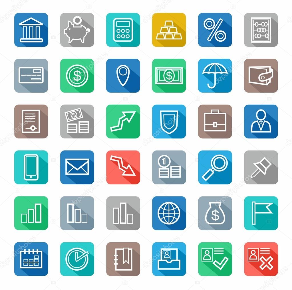 Icons, Bank, Finance, white outline, coloured background with shadow.