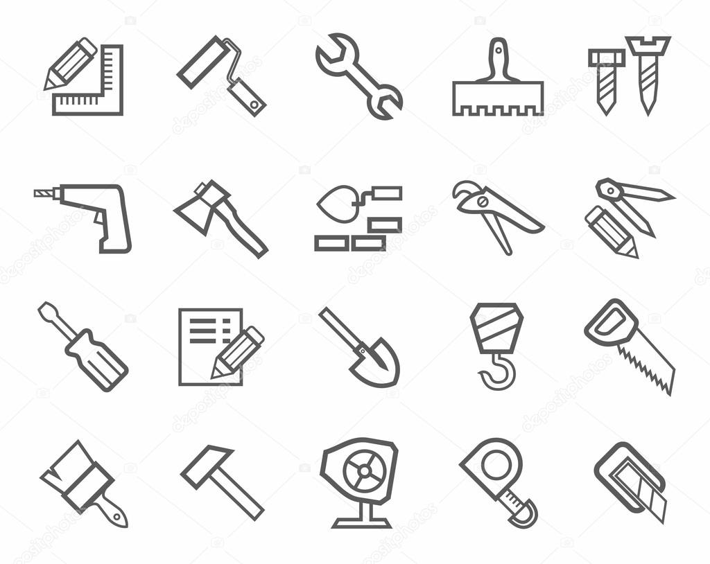 Icons, workers and construction tools, monochrome.