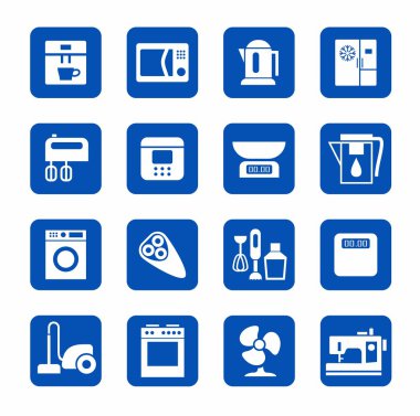 Icons, home appliances, kitchen appliances and home, white, blue.