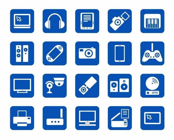 Iconos, equipo de fotos y video, equipo de audio, fondo azul . — Archivo Imágenes Vectoriales