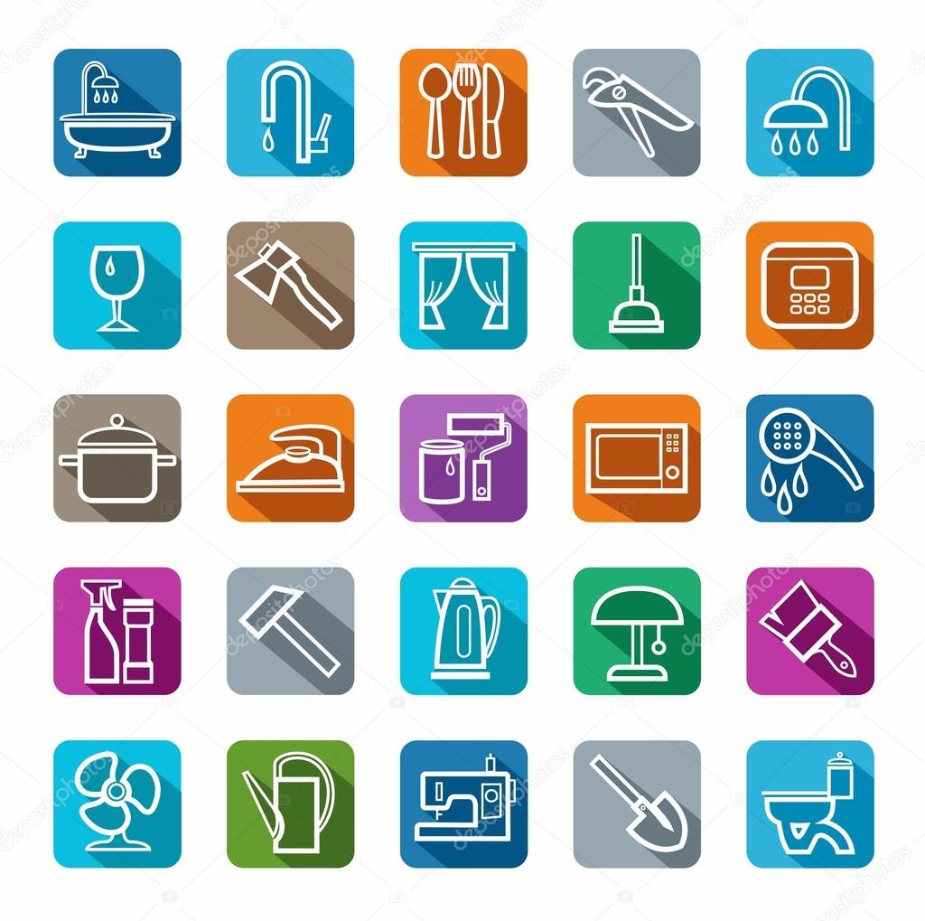 Icons, household goods, plumbing, appliances, colored background, shadow.