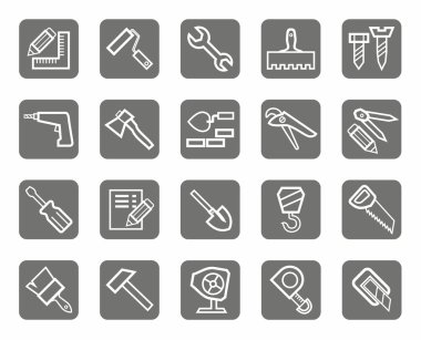 Simgeler, işçiler ve inşaat araçları, gri arka plan.