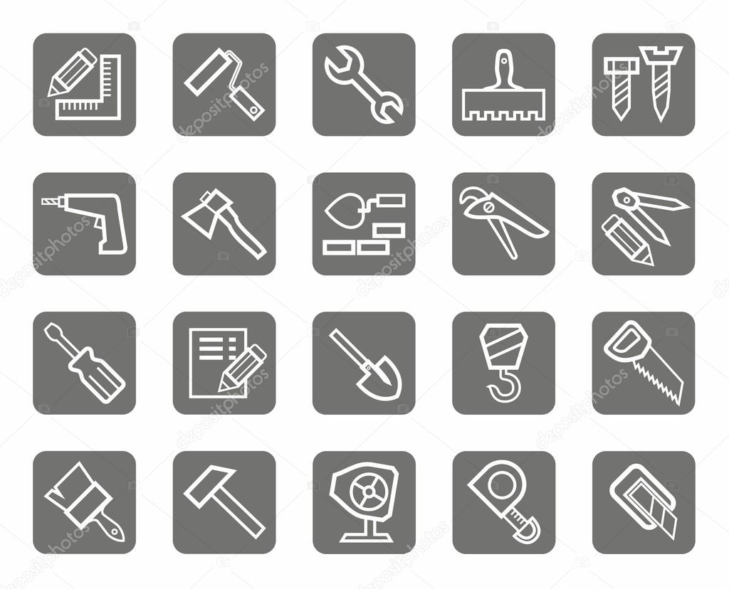 Icons, workers and construction tools, the gray background.