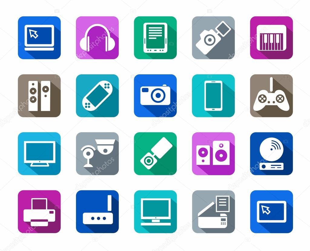 Icons, photo & video equipment, audio equipment, a colored background.