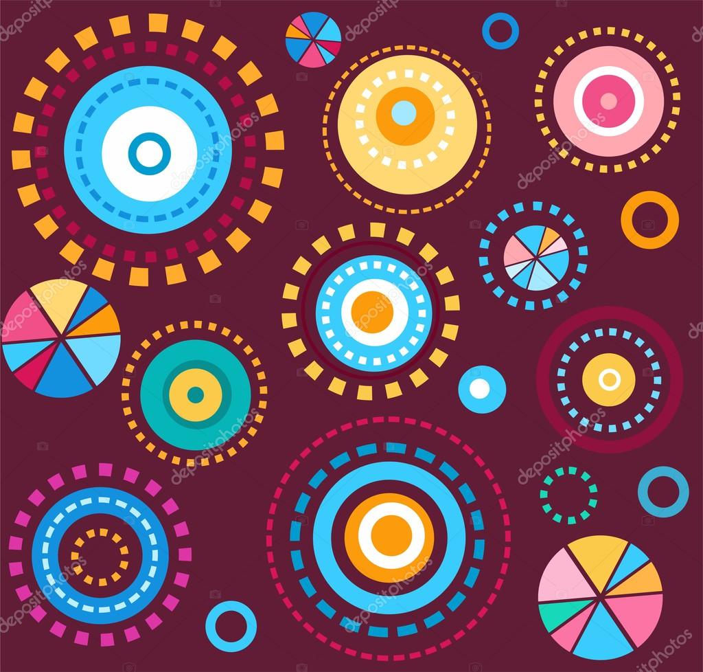 Il disegno geometrico dei cerchi colorati su un fondo di prugna Sfondo di bambini fuochi d artificio Per la stampa su carta e tessuto — Vettoriali di