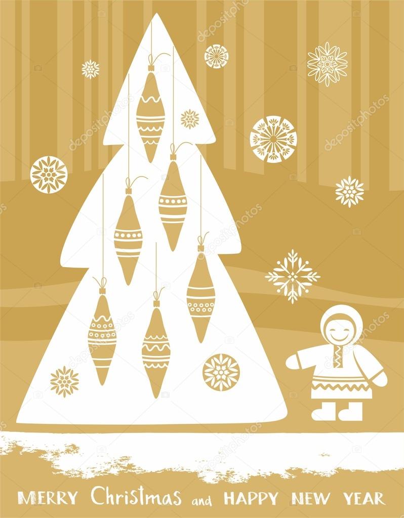 Grande albero di Natale accanto a lei ¨ il bambino in un cappotto di pelliccia cadere fiocchi di neve e scintillanti luci del Nord