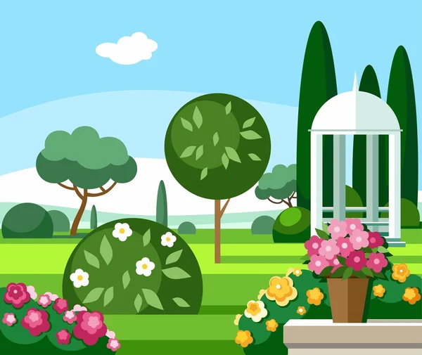 Un jardín floreciente con un cenador blanco, ilustraciones de colores . — Vector de stock