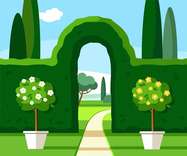 Garden, Park, green arch, trees are blooming, coloured illustrations. — Stock Vector