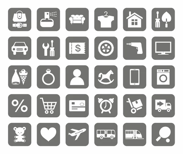 Icônes, boutique en ligne, catégories de produits, monotone, fond gris . — Image vectorielle