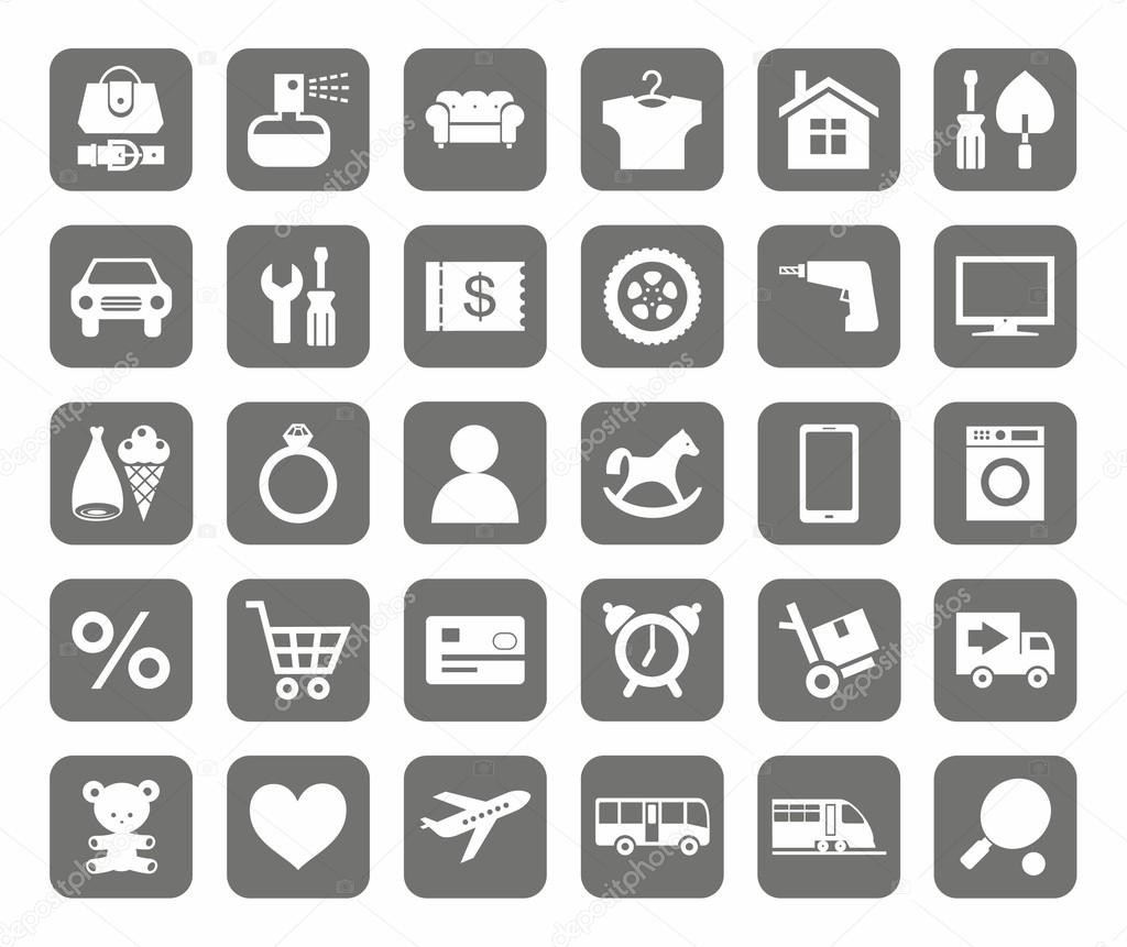 Icons, online store, product categories, monotone, grey background.