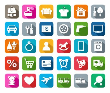 Icons, online store, categories of products, colored background, shadow. clipart