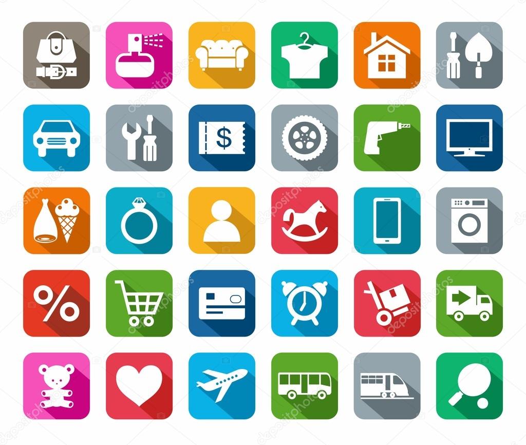 Icons, online store, categories of products, colored background, shadow.