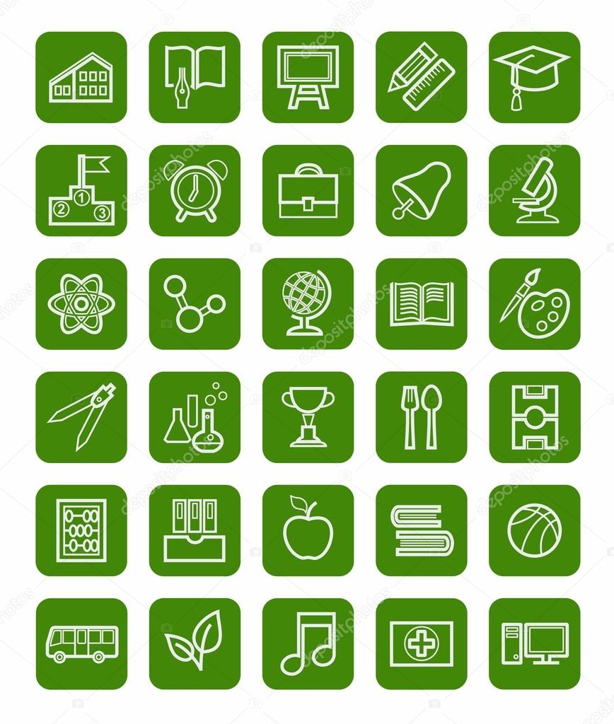 Education, icons, linear, white outline, green background.