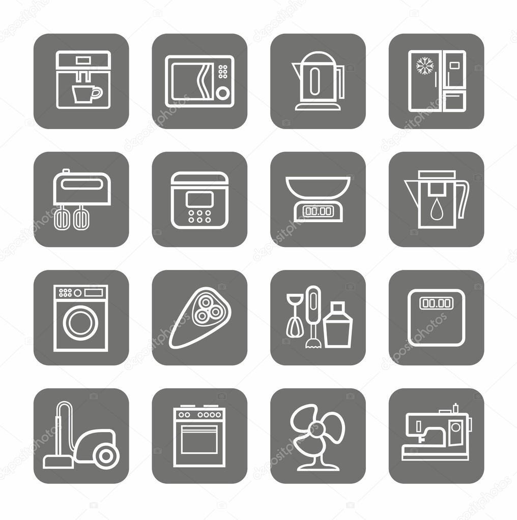 Household appliances, icons, monochrome, linear.