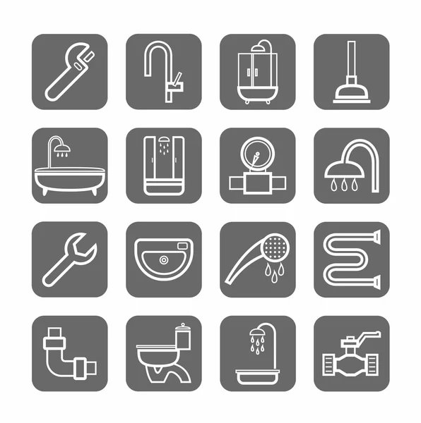 Fontanería, insignias, fondo lineal, gris . — Vector de stock