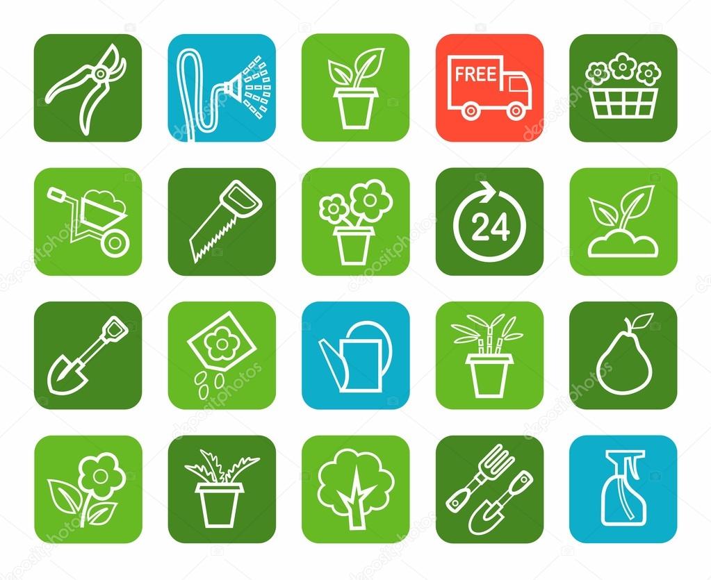 Gardening, icons, line, green background.