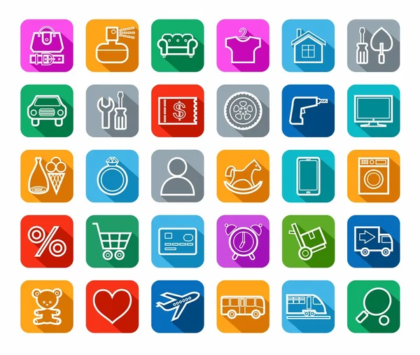 Acheter, boutique en ligne, catégories, marchandises, icônes, linéaire, couleur unie . — Image vectorielle
