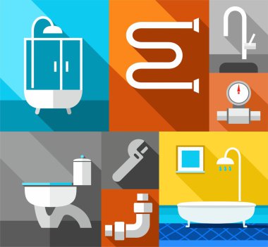 Sıhhi tesisat, renkli, düz illüstrasyon.