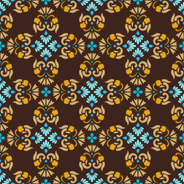 Arka plan, kahverengi altın ve mavi çiçekler ile seamless modeli.