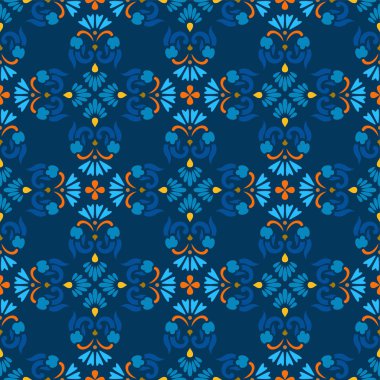 Arka plan, mavi, mavi çiçekler ve turuncu dalları ile seamless modeli.