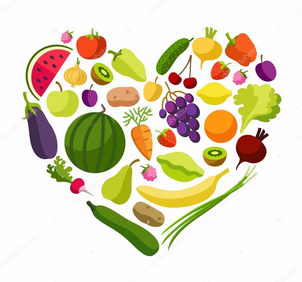 Fruits, vegetables, heart, coloured illustrations.