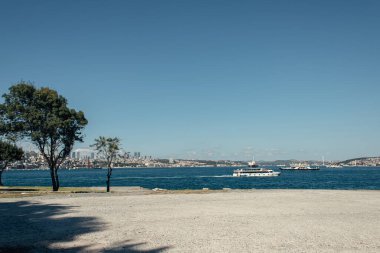 Trees on seafront and ships on water in Istanbul, Turkey  clipart