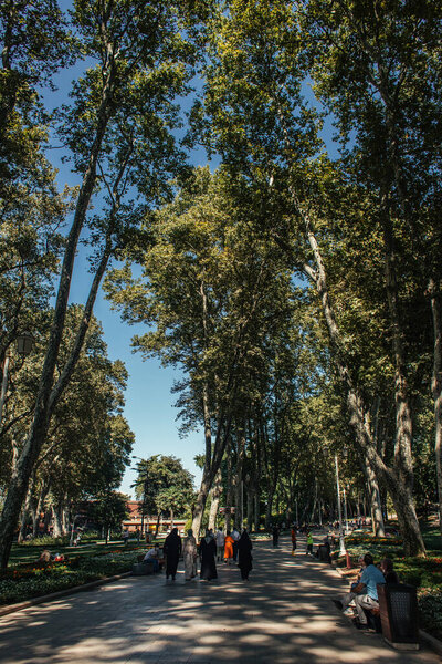 ISTANBUL, TURKEY - NOVEMBER 12, 2020: People walking on alley near tees in park