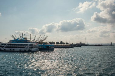 Moored ships in sea near coast in Istanbul, Turkey  clipart